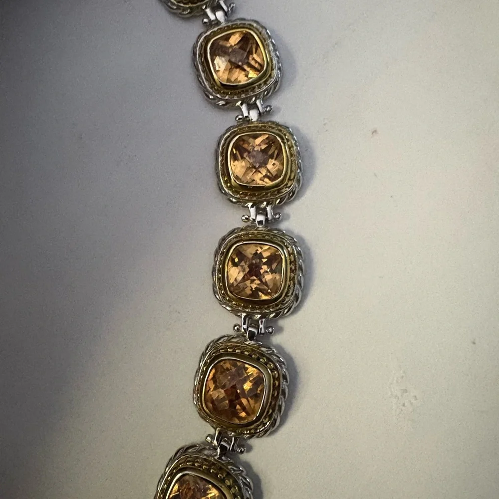 VTG Sterling Silver 925 2 Toned CZ Citrine Chunky Tennis Bracelet 7" Stunning - Picture 2 of 12